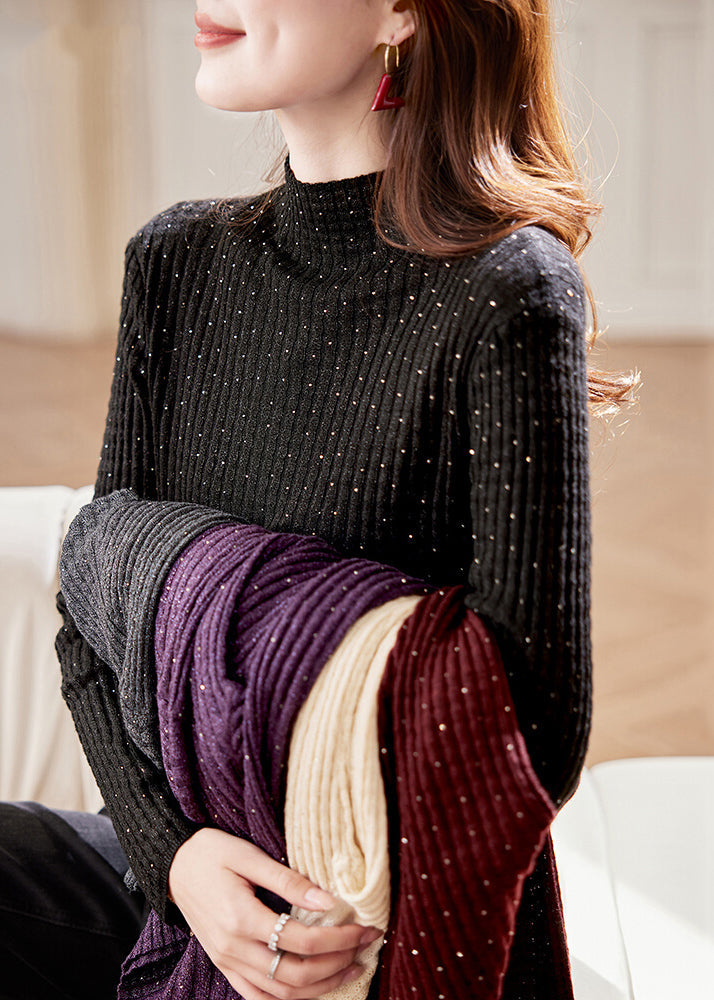 Handmade Black Turtleneck Zircon Knit Sweater Spring