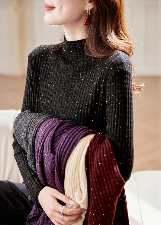 Handmade Black Turtleneck Zircon Knit Sweater Spring
