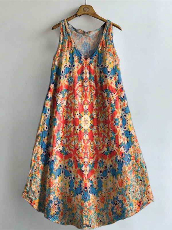 Women's Colorful Ethnic Totem Floral Art Print V-neck Pocket Cotton Dr