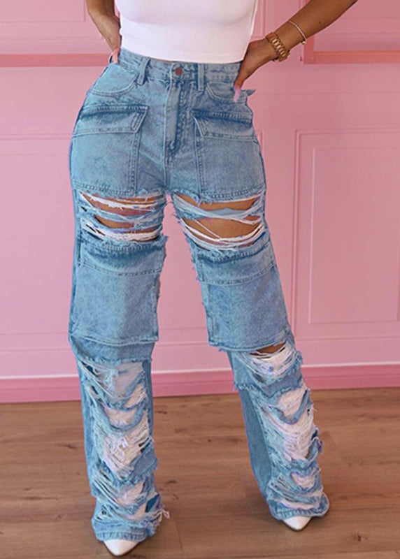 Blue Pockets Patchwork Ripped Jeans Summer
