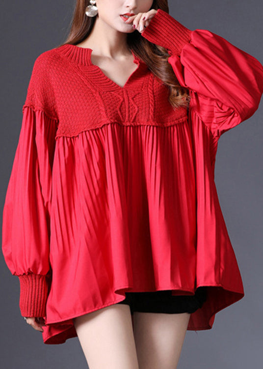 Red V Neck Patchwork Knit Pullover Spring