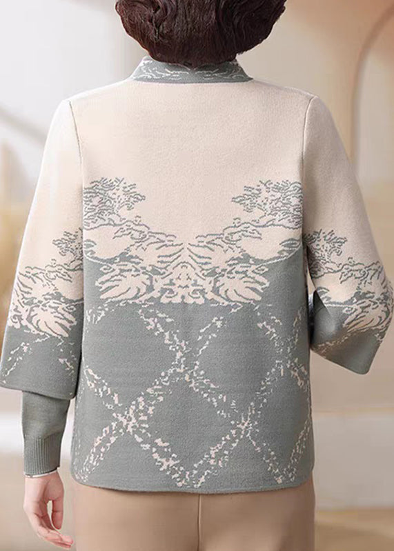 Chinese Style Blue Stand Collar Cotton Knit Cardigans and Sweater Two Pieces Set Fall