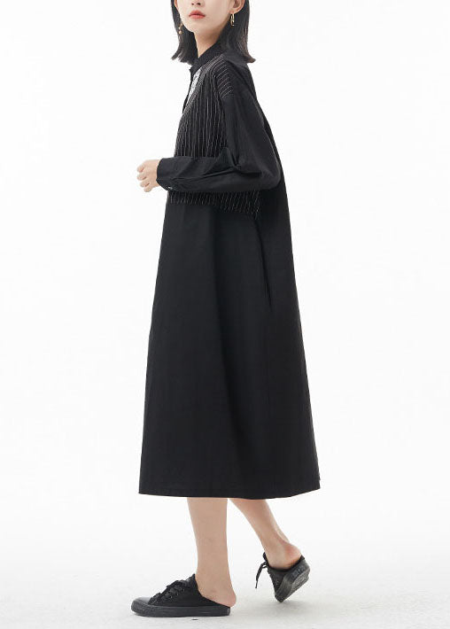 Black Stand Collar Lace Patchwork Shirt Dress Spring