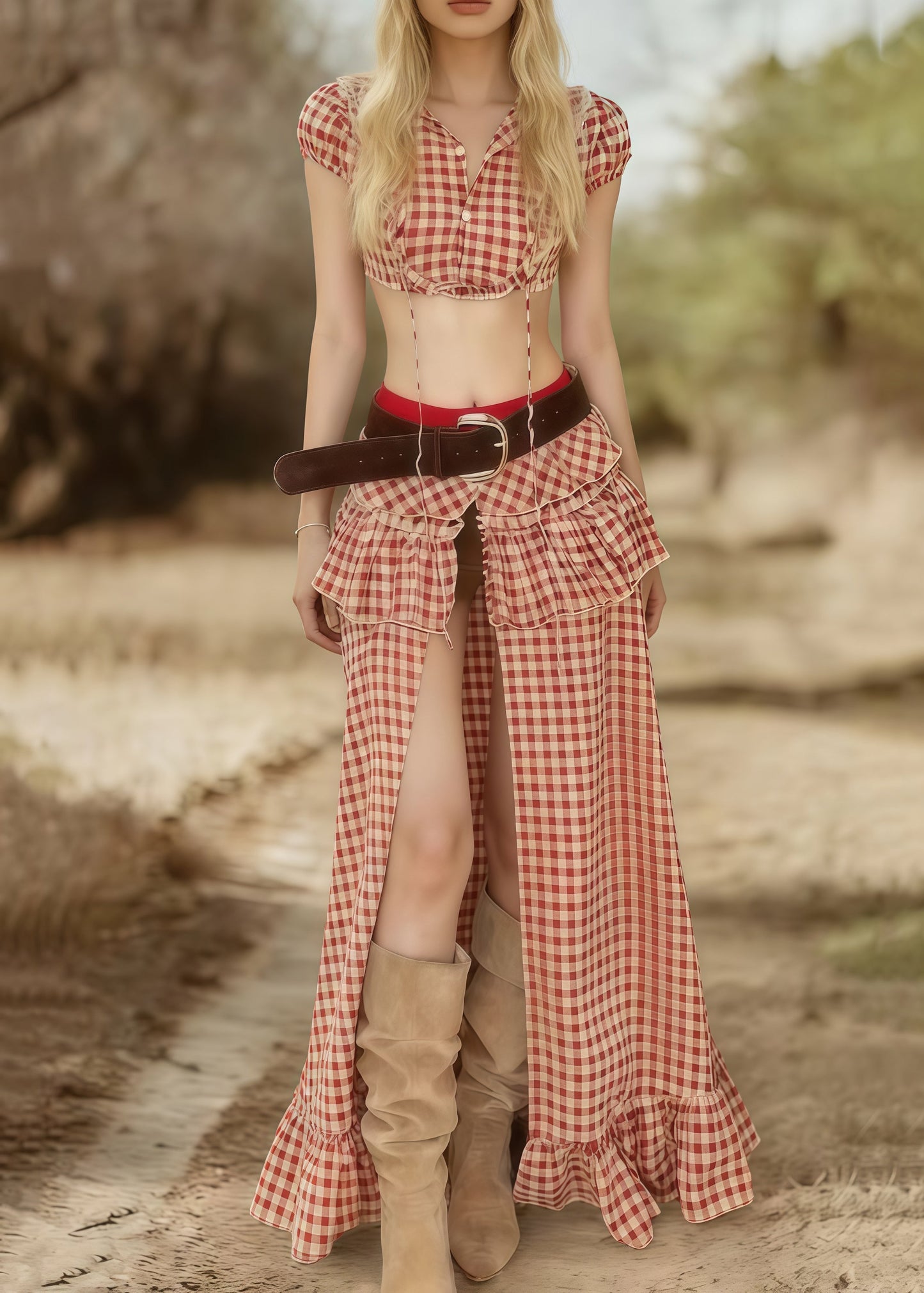 Pink Plaid Side Open Cotton Two Pieces Set Summer