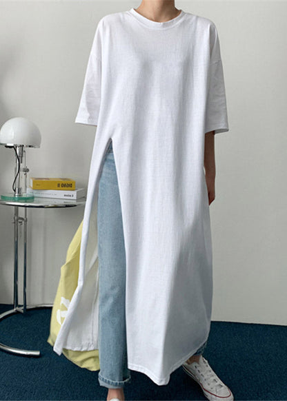 White O-neck Cotton Long T Shirt Half Sleeve