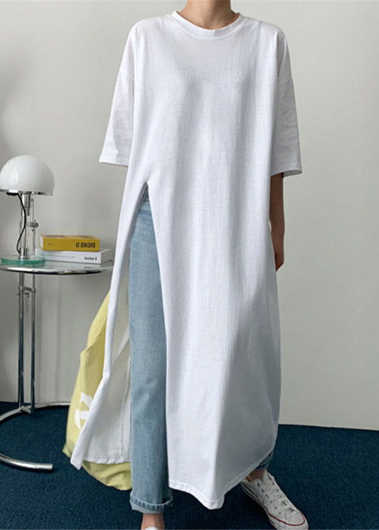 White O-neck Cotton Long T Shirt Half Sleeve