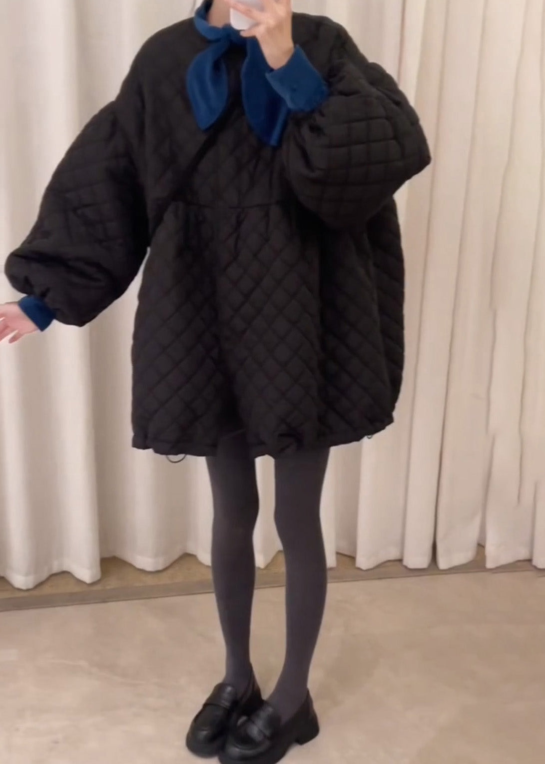 Black Oversized Plaid Fine Cotton Filled Dresses Lantern Sleeve