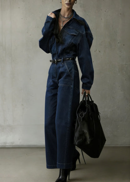 Denim Blue Peter Pan Collar Patchwork Pocket Jumpsuit Spring
