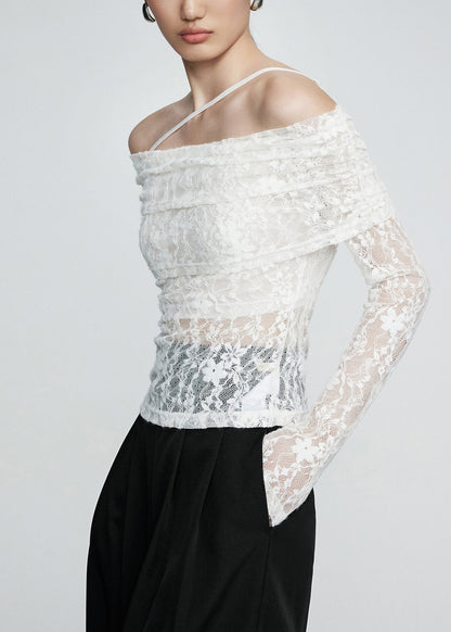White Cold Shoulder Slim Fit Lace T Shirts Fall