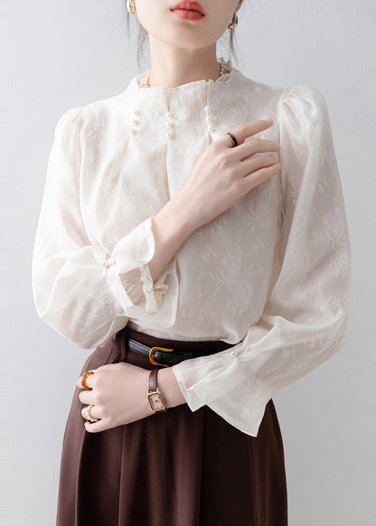 Fitted White Jacquard Nail Bead Chiffon Top Spring