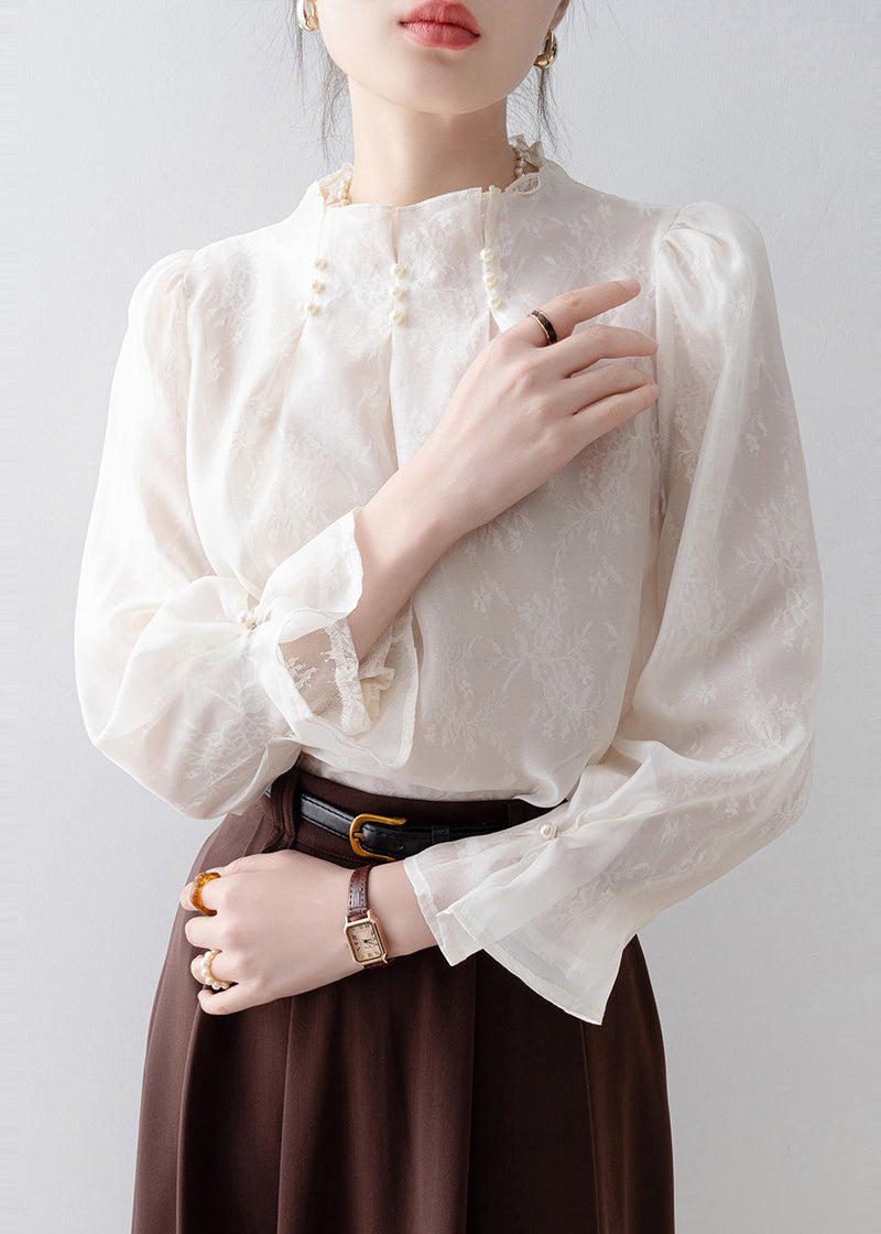 Fitted White Jacquard Nail Bead Chiffon Top Spring