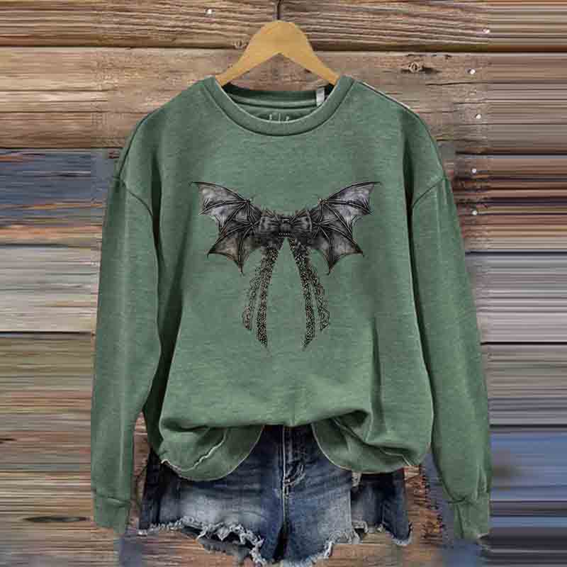 Comstylish Halloween Bat Bow Print Round Neck Casual Sweatshirt