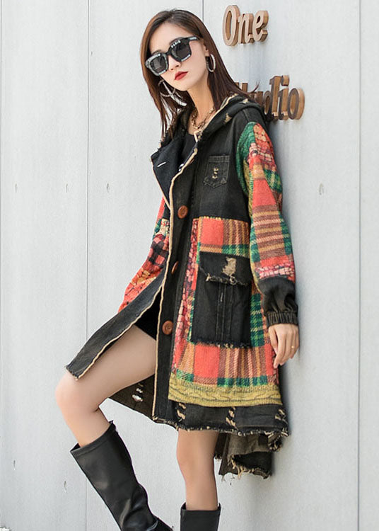 Unique Retro Plaid Button Pockets Fall Long Sleeve Hooded Coat
