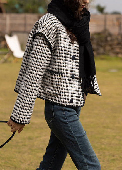 Black O Neck Double Breast Patchwork Cotton Coats Fall
