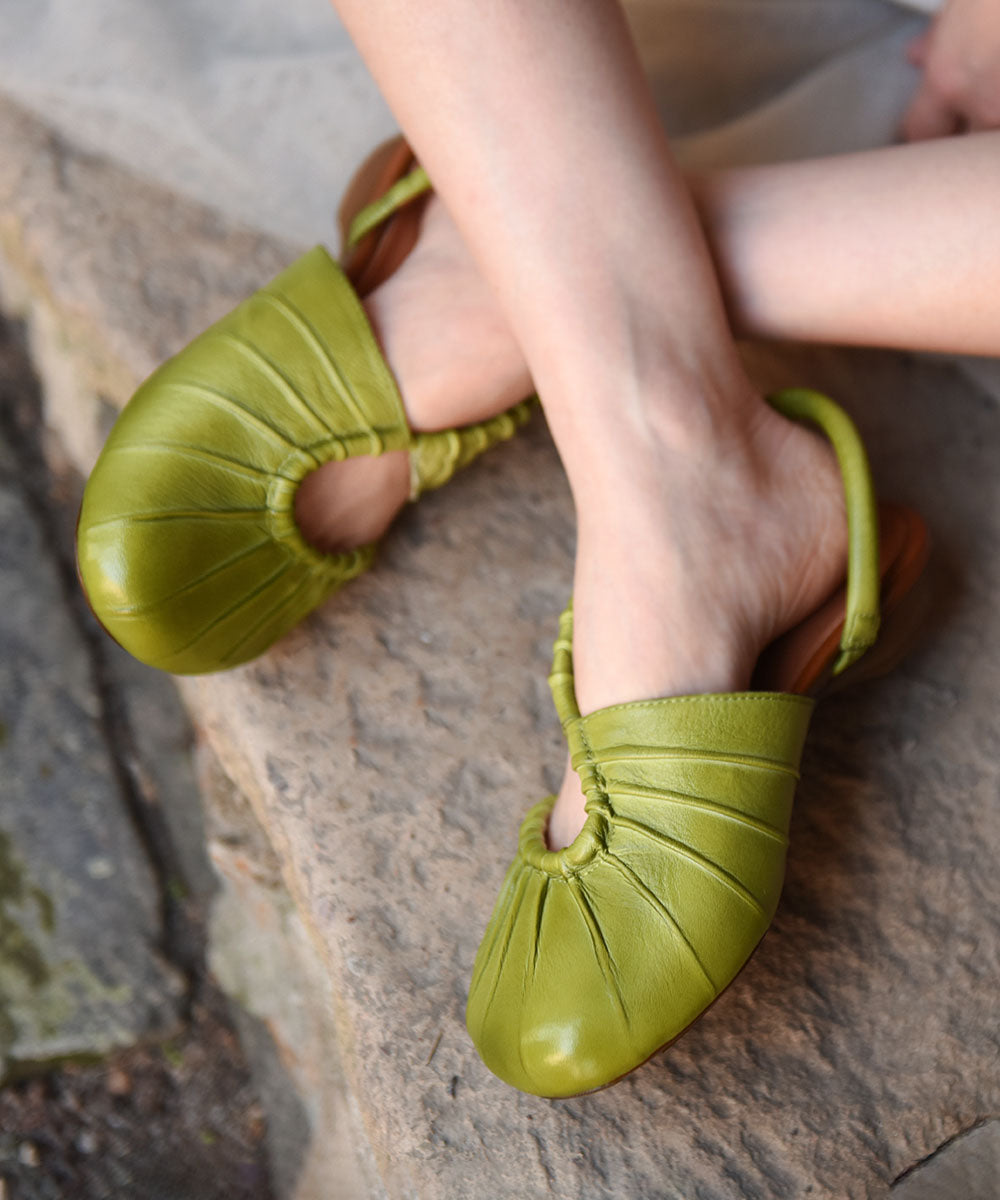 Hollow Out Splicing Chunky Flat Sandals Green Cowhide Leather