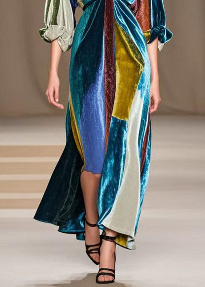 Simple Colorblock V Neck Patchwork Silk Velour Party Dress Fall