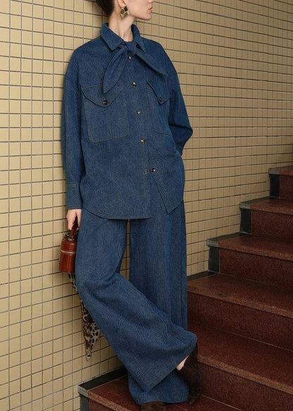Denim Blue Peter Pan Collar Button Shirt and Pants Two Pieces Set Fall