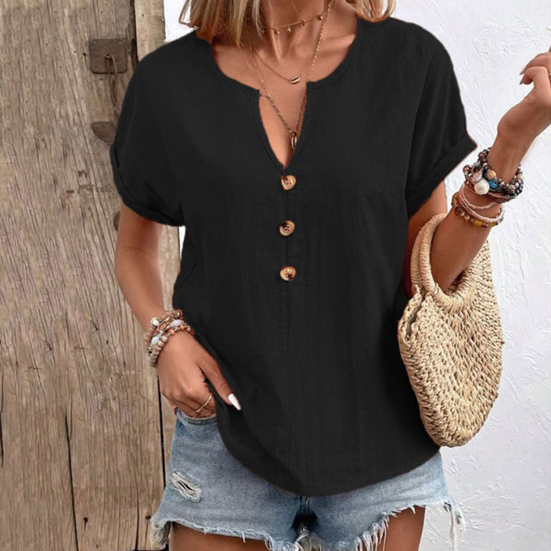 Women's Solid Color Button Linen V-neck T-shirt artswardrobe
