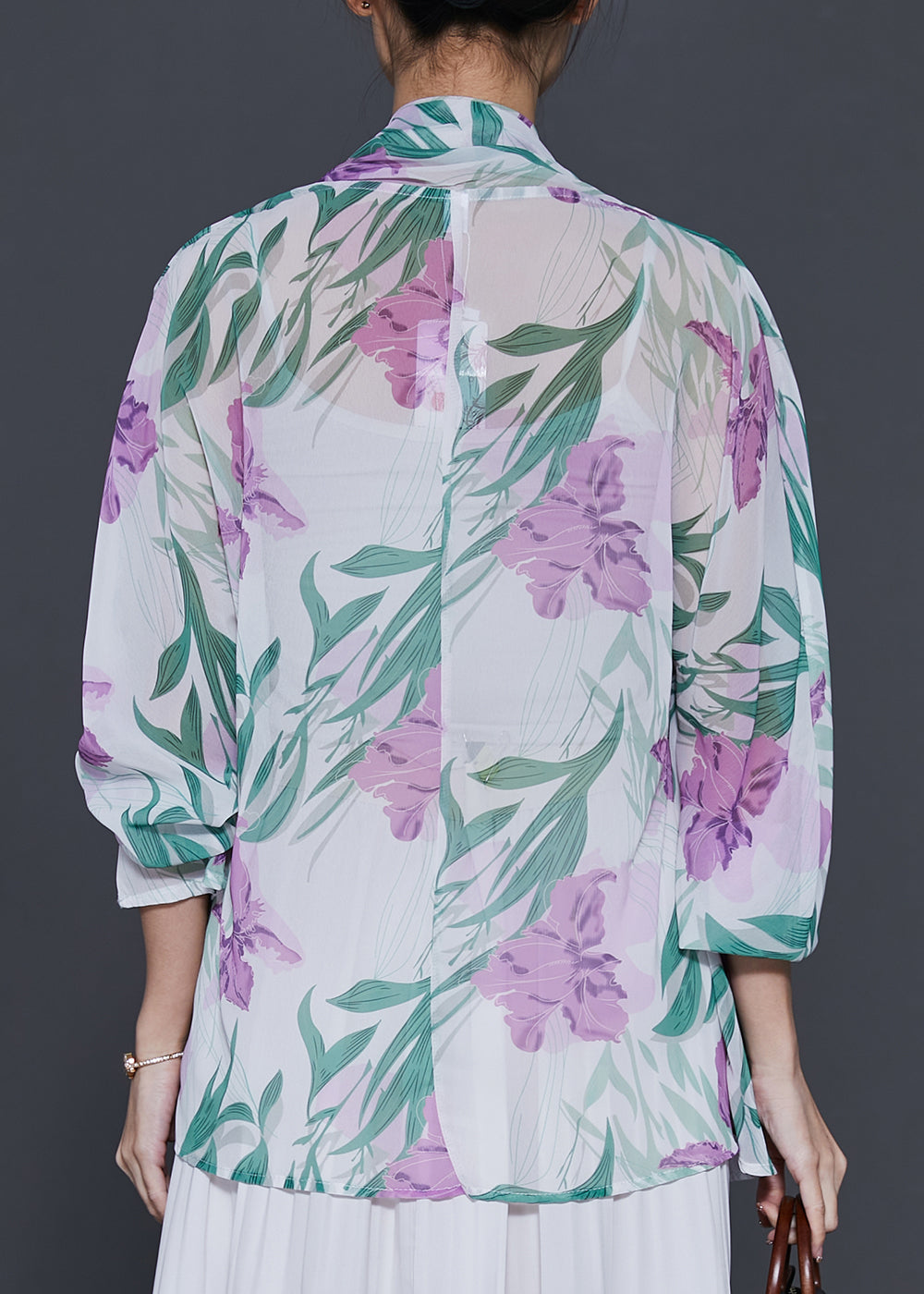 White Tulip Print Chiffon Fake Two Piece Shirt Spring