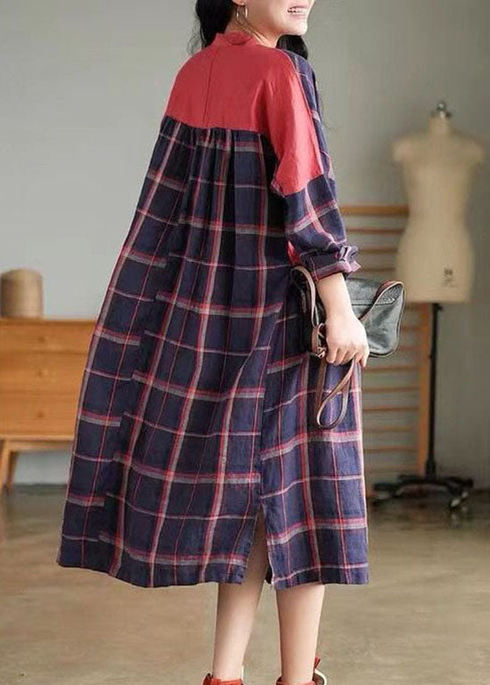 Blue O-neck Plaid Patchwork Shirt Dress Spring