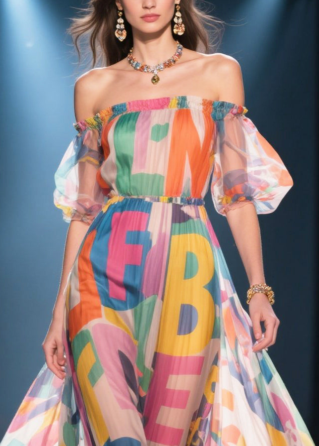 Cold Shoulder Letter Print Chiffon Vacation Dress Summer