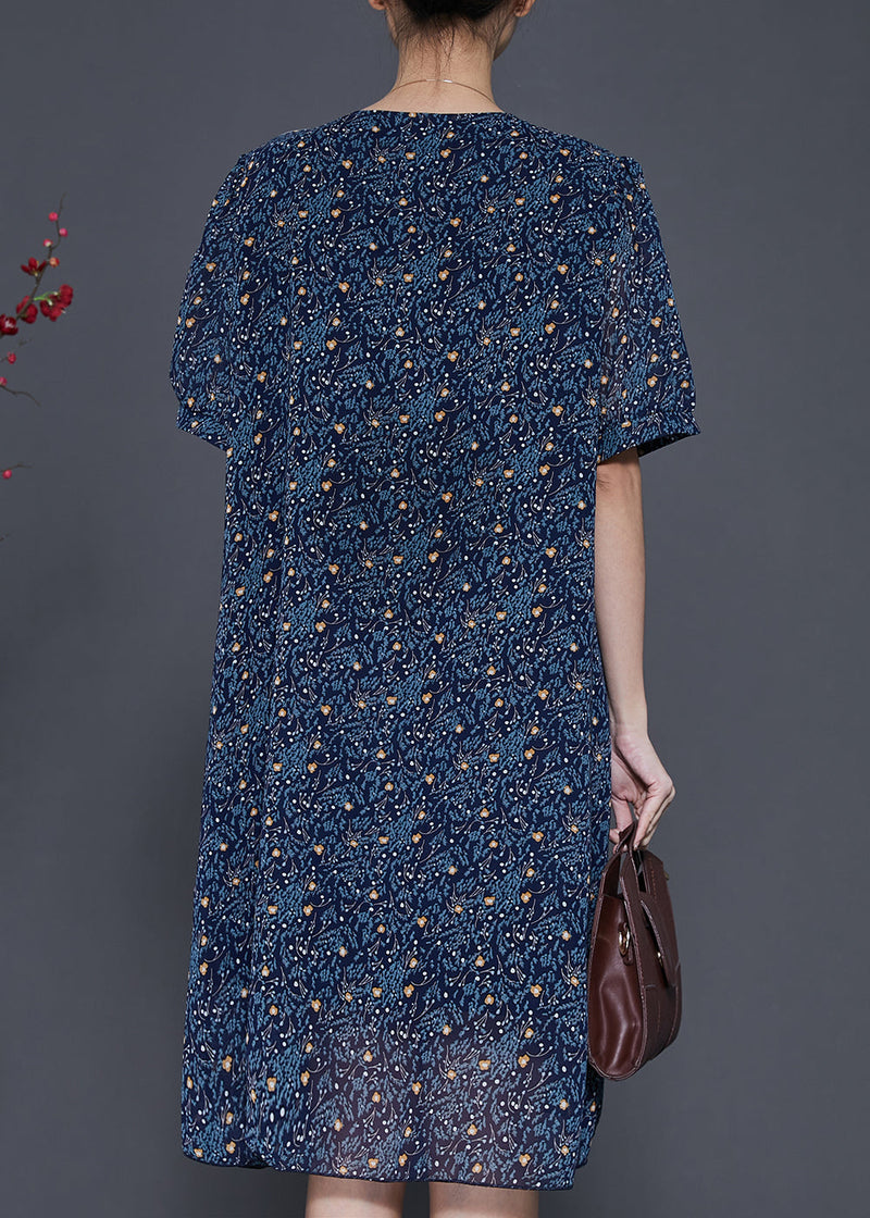 Navy Peter Pan Collar Print Chiffon Maxi Dresses Summer