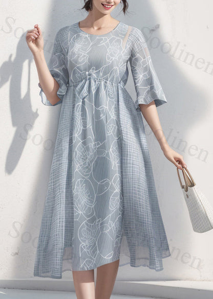 Loose Light Blue O Neck Print Wrinkled Silk Dress Summer