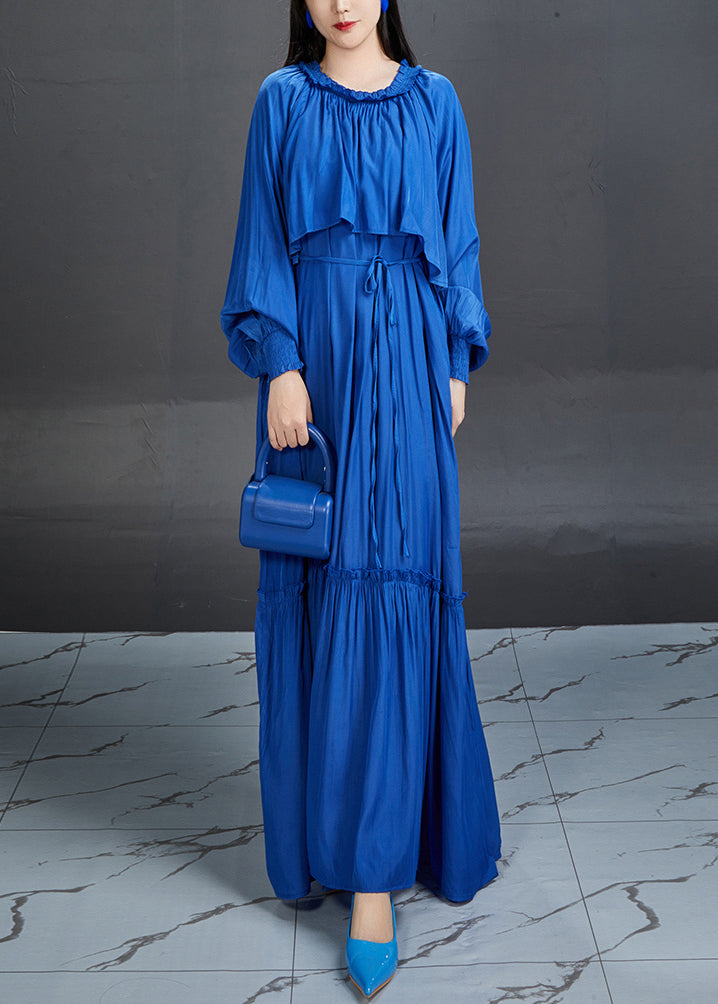 Blue Ruffled Tie Waist Cotton Maxi Dress Fall