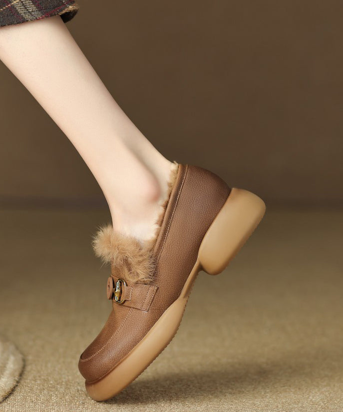 Brown Fuzzy Wool Lined Splicing Platform Loafers for