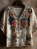Bohemian Style Vintage Color Plant Flower Embroidery V-neck Short-sleeved Shirt artswardrobe
