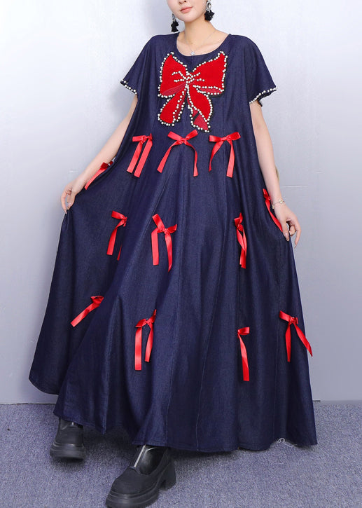 Navy Oversized Butterfly Bow Denim Maxi Dresses Summer