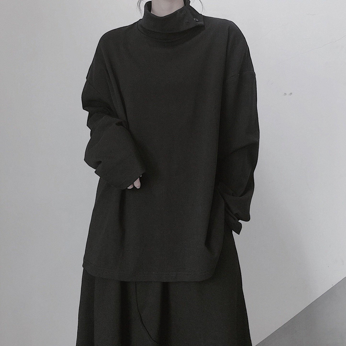 Italian High Neck Asymmetric Tops Blouses Fabrics Black Blouses