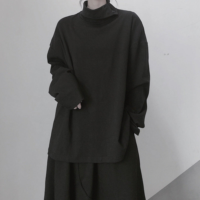 Italian High Neck Asymmetric Tops Blouses Fabrics Black Blouses