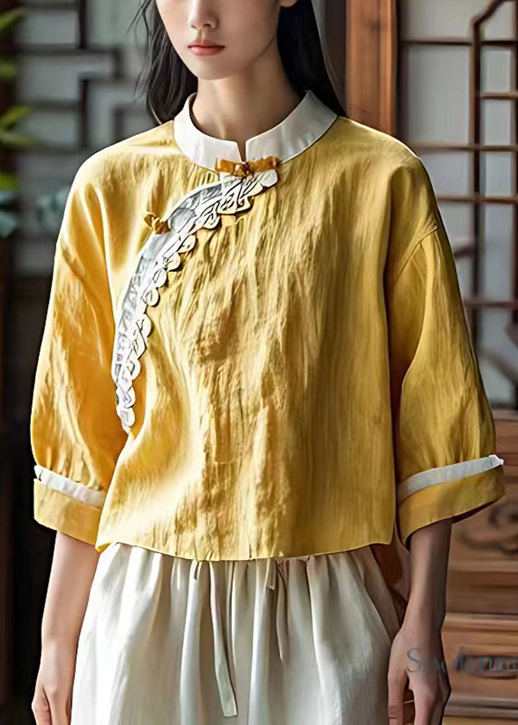 Yellow Mandarin Collar Linen Shirt Top Summer
