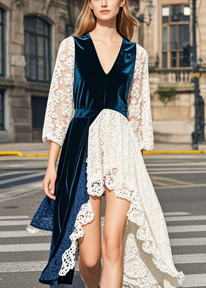 Navy Asymmetrical Lace Patchwork Silk Velour Dresses Summer