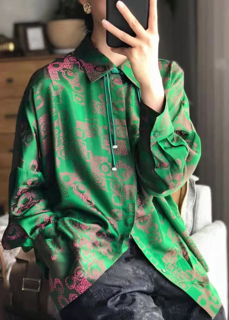 Green Peter Pan Collar Print Patchwork Silk Shirt Fall