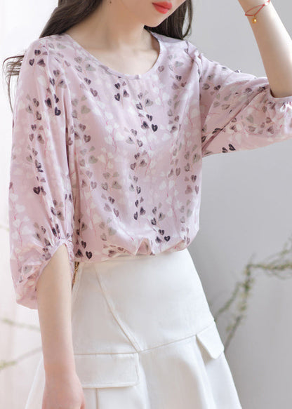 French Pink O Neck Print Silk Shirt Lantern Sleeve