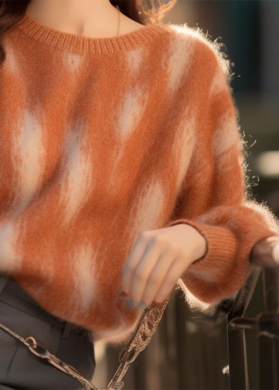 Orange O Neck Patchwork Cotton Knit Top Fall
