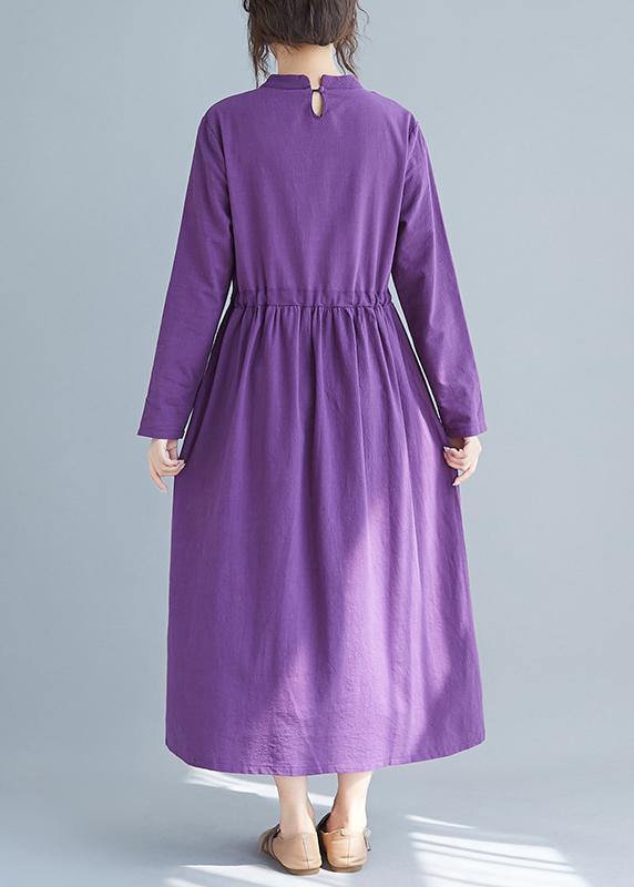 Purple Tunics Stand Collar Drawstring Spring Dress