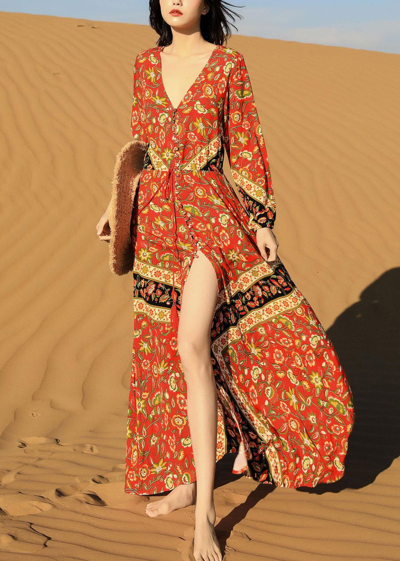 Red Print Lace Up Pockets Long Dress Fall