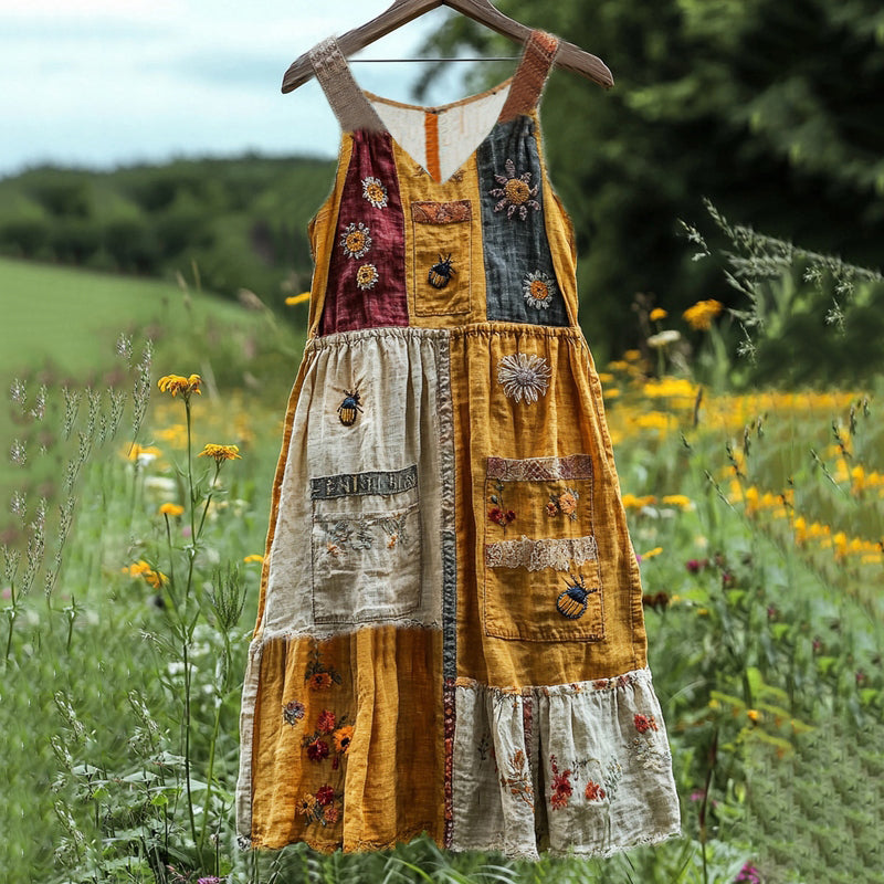 Insect Wildflower Floral Embroidery Art Linen Tank Dress artswardrobe