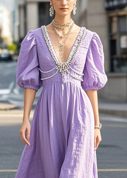 Diy Purple Puff Sleeve Nail Bead Cotton Dress Summer