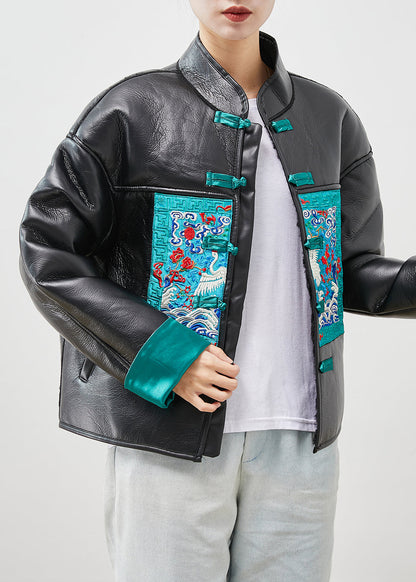 Black Embroideried Patchwork Warm Fleece Faux Leather Jackets Winter
