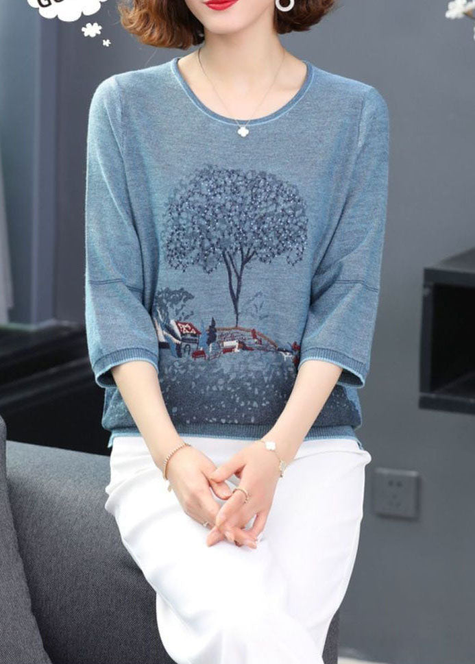 Blue O-neck Print Knit Sweater Tops Bracelet Sleeve