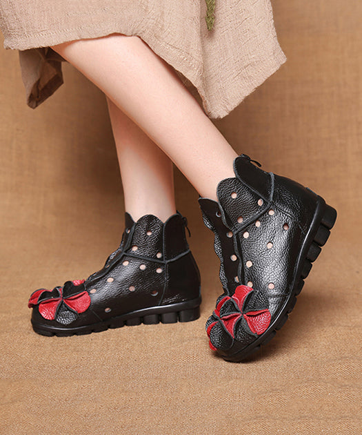 Black Hollow Out Boots Cowhide Leather Comfy Splicing