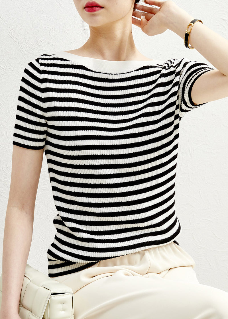 Black Striped O-neck Silk Knit T Shirts Sleeve