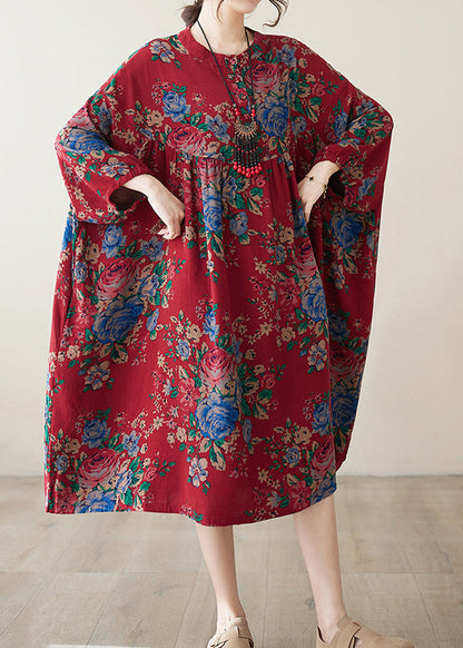 Red O Neck Print Wrinkled Cotton Dress Summer