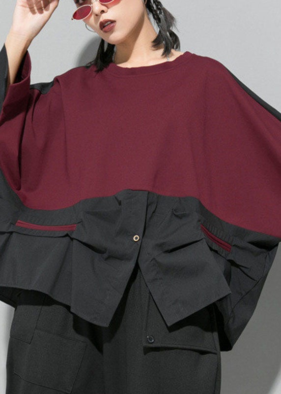 Classy Mulberry O-neck Patchwork Asymmetrical Design Fall Long Sleeve Blouse Top