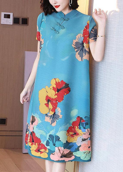 Unique Blue Print Mandarin Collar Maxi Dresses Summer