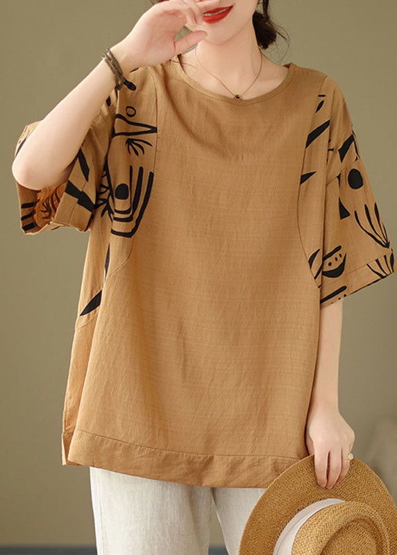Coffee O-neck Print Cozy Top Summer